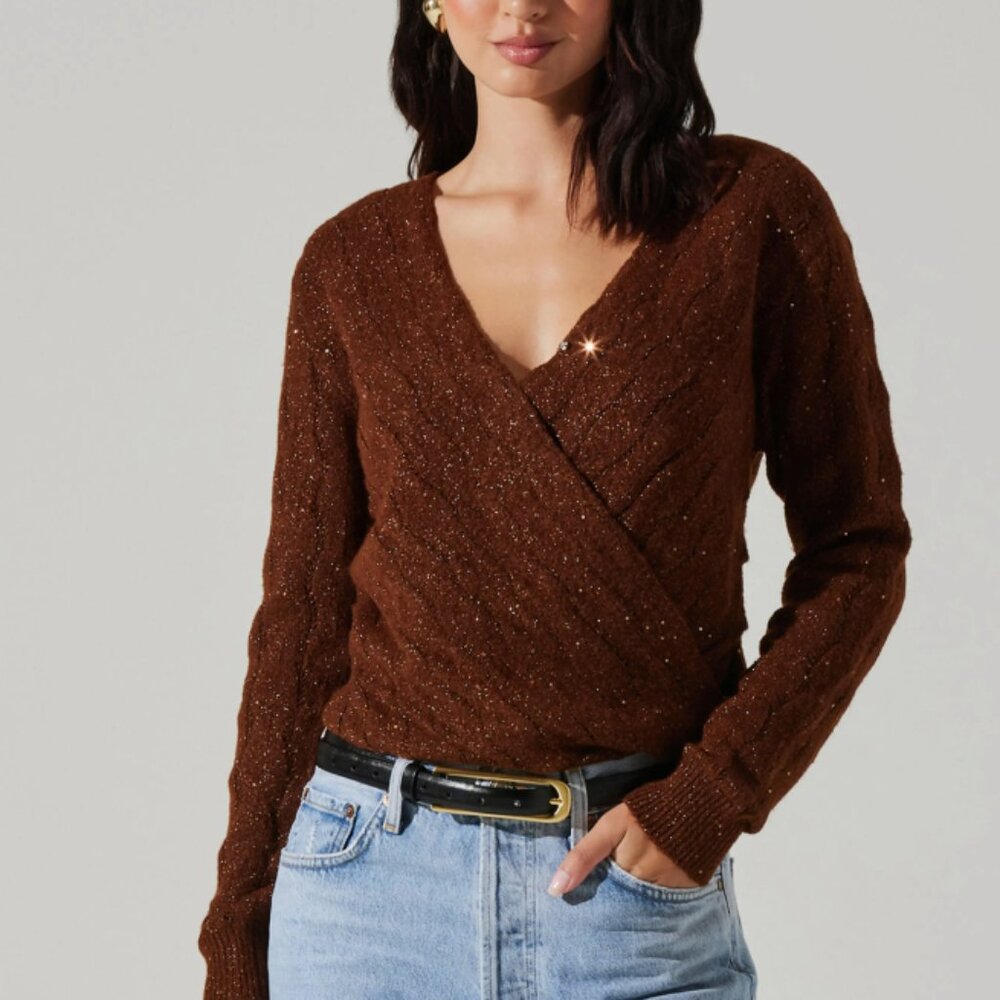 NWT ASTR the Label Metallic Sequin Surplice Cable Stitch Sweater X-Small, COPPER